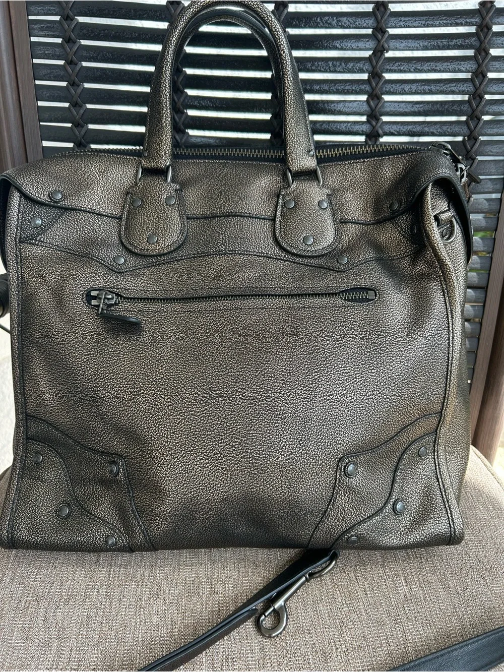 Coach Metallic Pewter Pebbled Leather Satchel with Crossbody Strap
